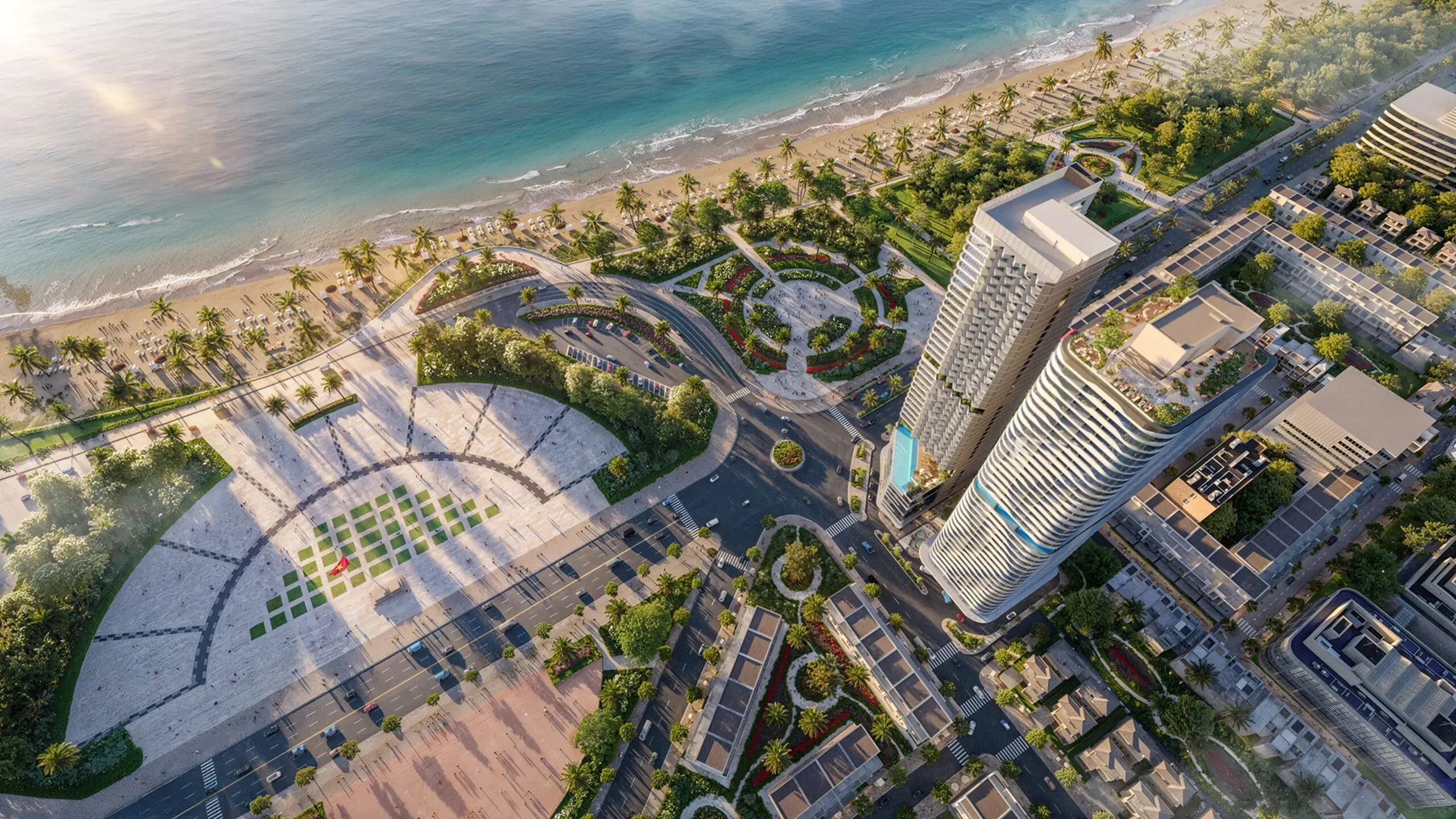Phối cảnh Q'Terra hướng ra quảng trường và bãi biển